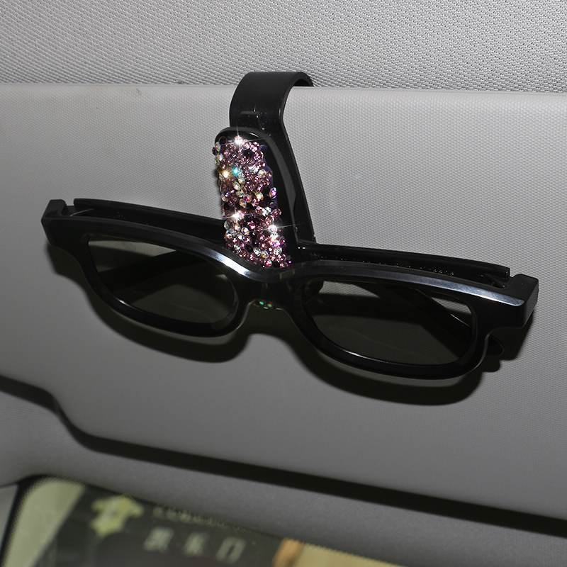 Crystal Car Fastener Clip Sun Visor Sunglasses Women Diamond Decorative Card Ticket Clip Holder - Purple