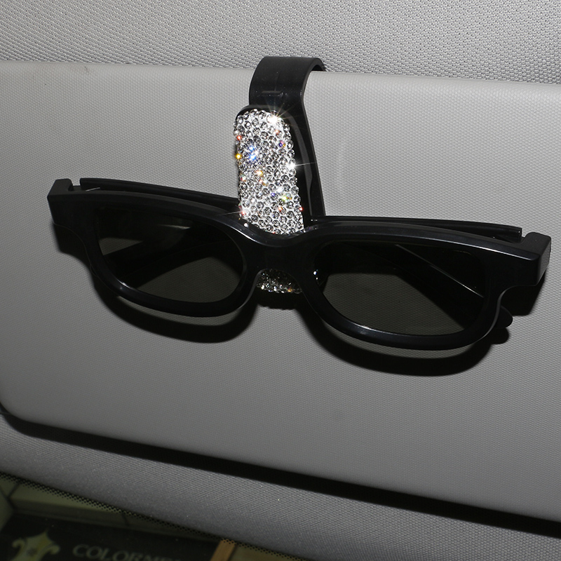 Crystal Car Fastener Clip Sun Visor Sunglasses Women Diamond Decorative Card Ticket Clip Holder - White