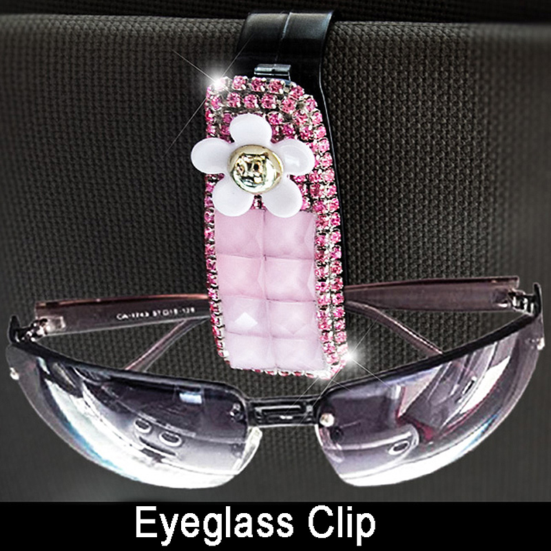 Crystal Daisy Fastener Clip Sun Visor Sunglasses Women Diamond Decorative Card Ticket Clip Holder - Pink