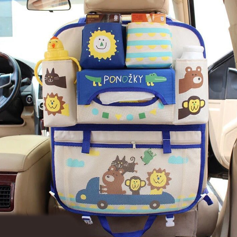 Cute Bear Lion Monkey Canvas Multi-function Seat Back Hanging Pocket Thermal Insulation for Kid - Blue