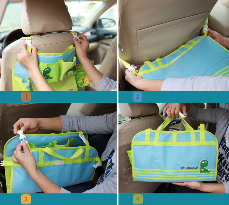 Cute Dinosaur Fold Multi-function Car Seat Back Hanging Pocket Thermal Insulation Storage Bag for Kid - Green
