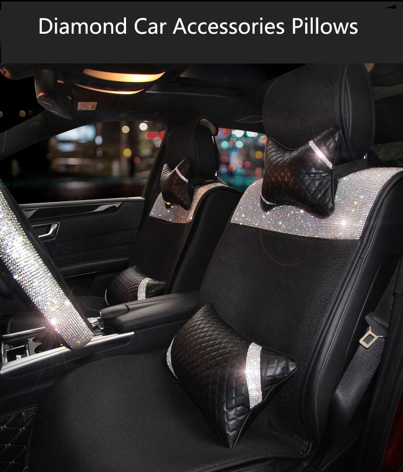 Great Bling Female Rhinestone Car Seat Waist Pillows PU Leather Rectangle Cushions 1pcs - Black