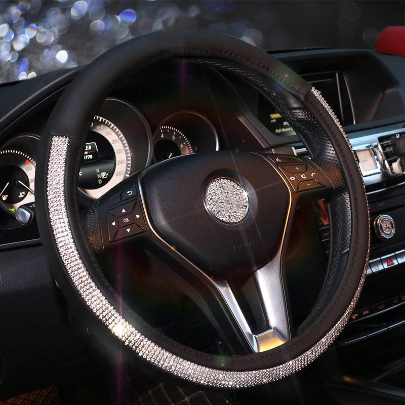 Diamond Nice Pretty PU Leather Vehicle Steering Wheel Covers 15 inch 38CM - Black