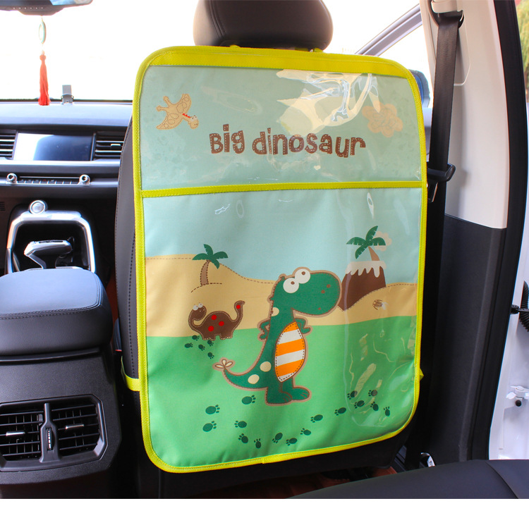 Dinosaur Waterproof Kids Car Anti-Kick Pad Seat Back Storage Bag Touchable Screen Organizer Protector - Green