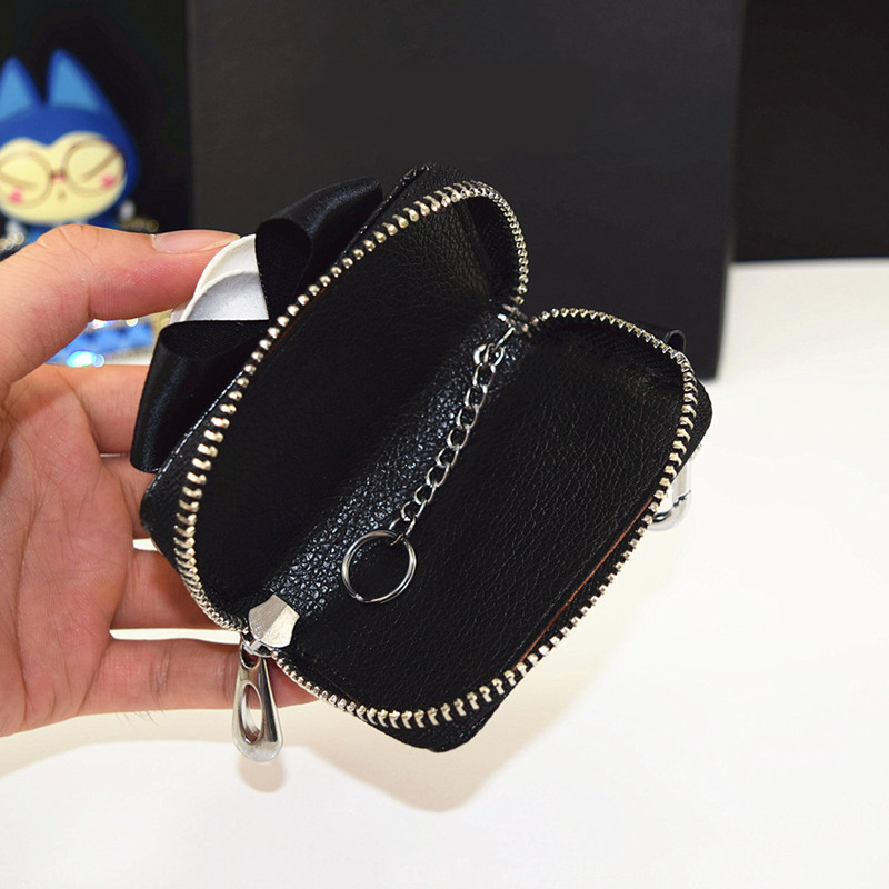 Beautiful Cute Camellia Universal Pearl Leather Auto Key Bags Key Chain - Black