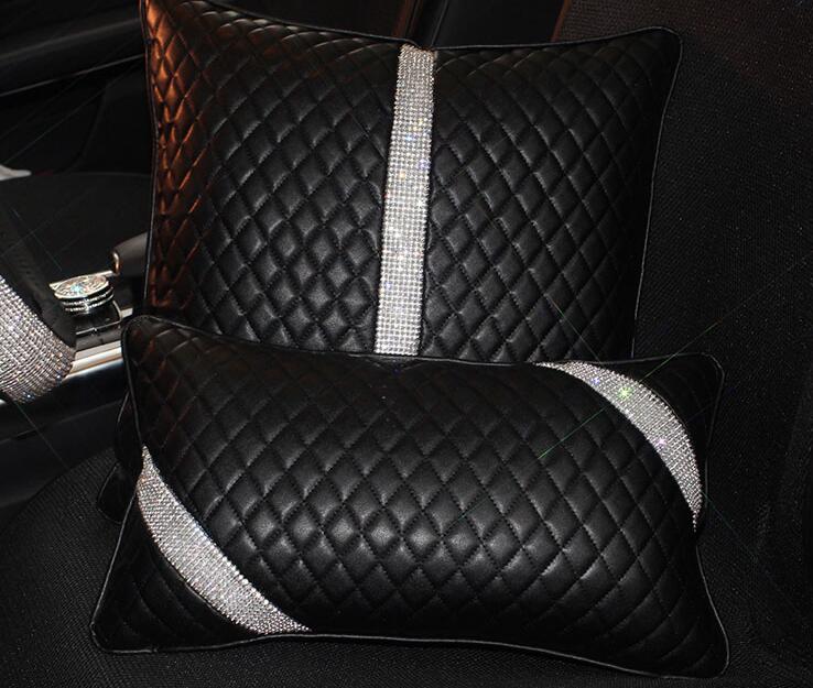 Great Bling Female Rhinestone Car Seat Waist Pillows PU Leather Rectangle Cushions 1pcs - Black