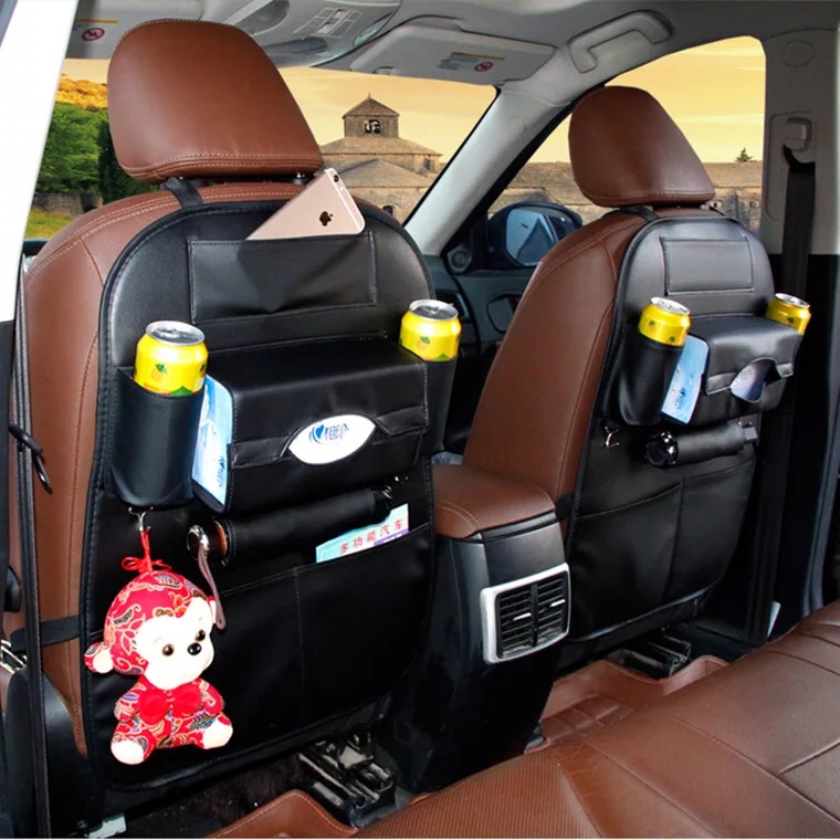 Leather Large Waterproof Felt Car Seat Back Organizer Holder Pocket Hanger Storage Bag - Black