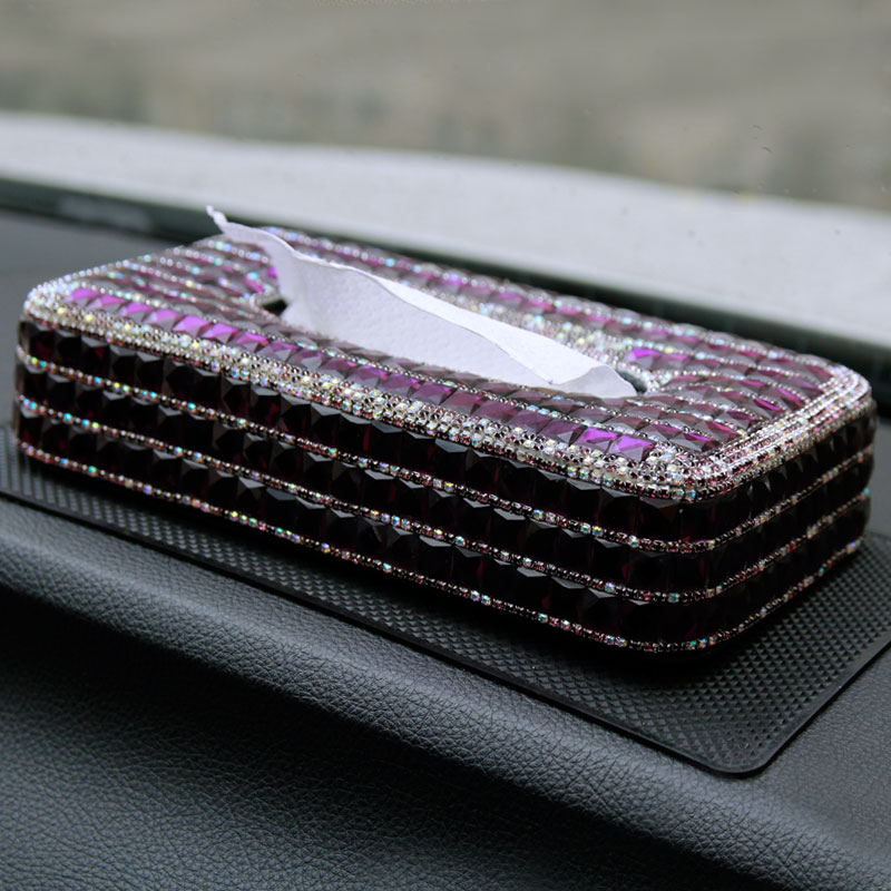 Luxury Creative Crystal Auto Tissue Paper Box Case Women Auto Interior Accessories - Purple