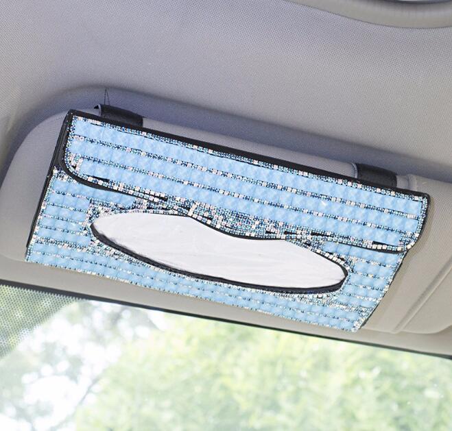 Luxury Creative Crystal Auto Tissue Paper Box Hanging Women Auto Interior Accessories - Blue