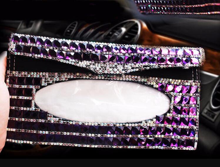Luxury Creative Crystal Auto Tissue Paper Box Hanging Women Auto Interior Accessories - Purple
