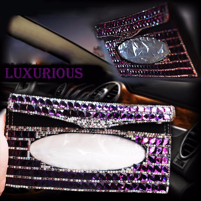 Luxury Creative Crystal Auto Tissue Paper Box Hanging Women Auto Interior Accessories - Purple