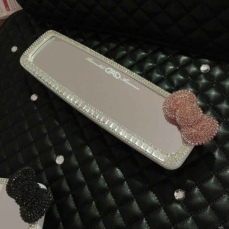 Pink Bowknot Gorgeous Bling Bling Diamonds Crystal Car Rearview Mirror Auto Brilliant Rearview Mirror - White