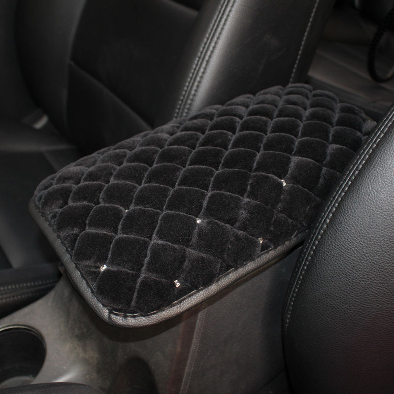 Plush Women Rhinestone Pad Armrest Cushions 1pcs Winter Warm Crystal Universal Car Armrest - Black