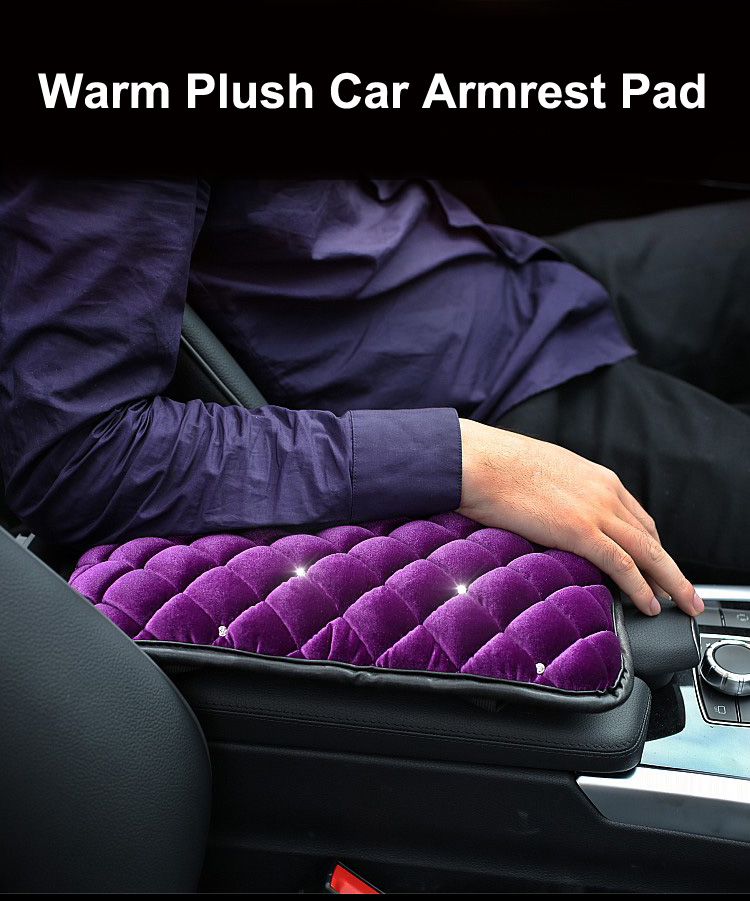 Plush Women Rhinestone Pad Armrest Cushions 1pcs Winter Warm Crystal Universal Car Armrest - Purple