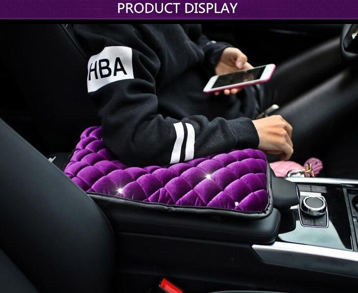 Plush Women Rhinestone Pad Armrest Cushions 1pcs Winter Warm Crystal Universal Car Armrest - Purple