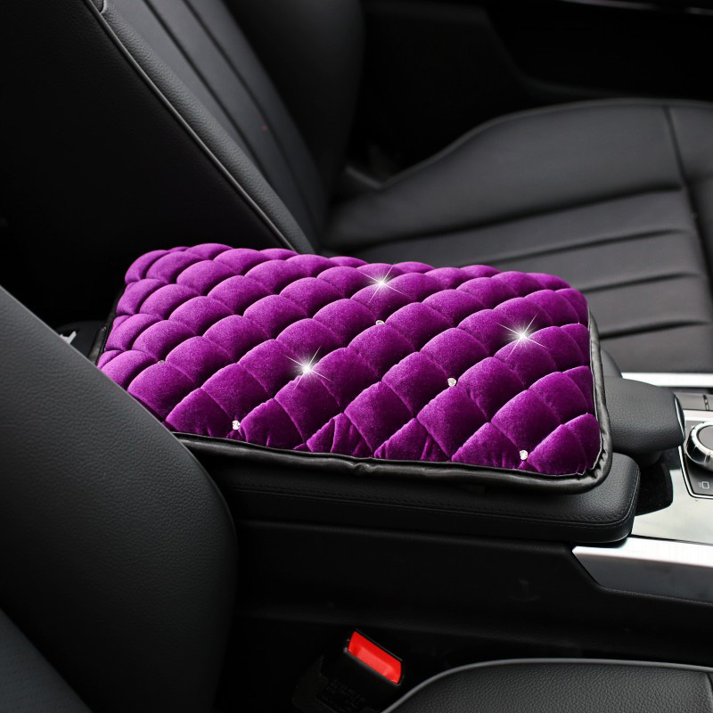 Plush Women Rhinestone Pad Armrest Cushions 1pcs Winter Warm Crystal Universal Car Armrest - Purple