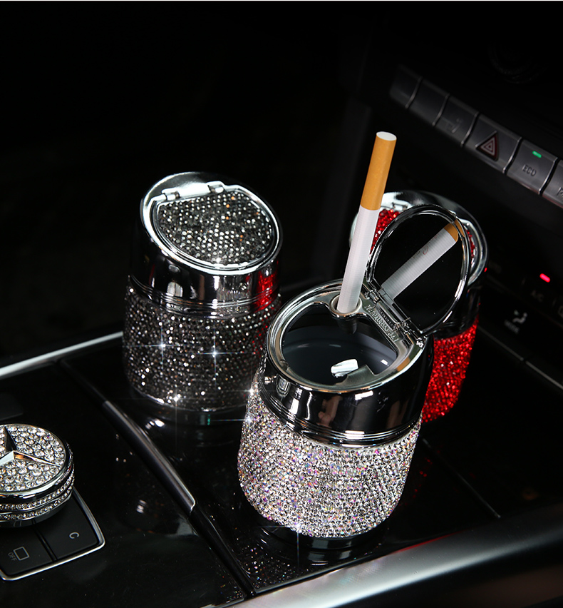 Portable Car Ashtray Crystal Bling Bling Car Ash Tray Storage Cup Holder for Girls Woman - White