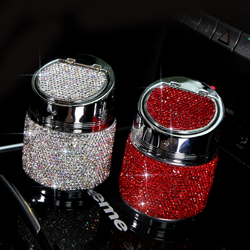 Portable Car Ashtray Crystal Bling Bling Car Ash Tray Storage Cup Holder for Girls Woman - Red