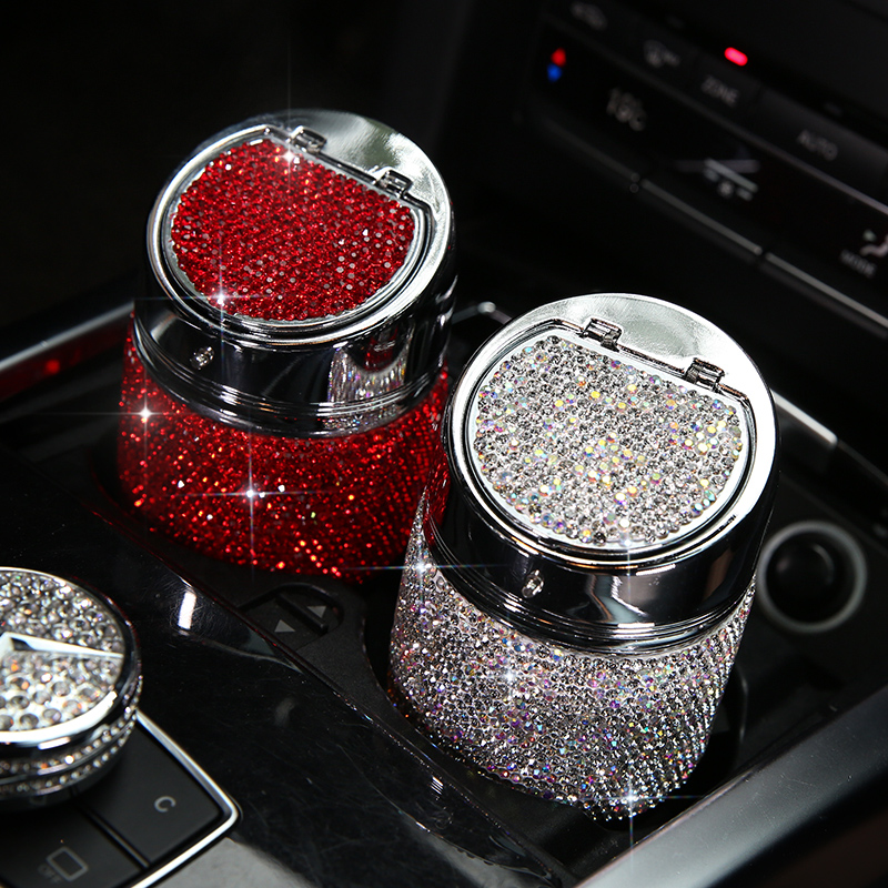 Portable Car Ashtray Crystal Bling Bling Car Ash Tray Storage Cup Holder for Girls Woman - Red