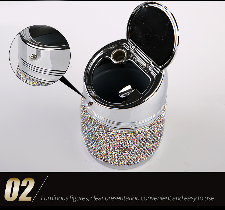 Portable Car Ashtray Crystal Bling Bling Car Ash Tray Storage Cup Holder for Girls Woman - White