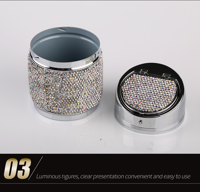 Portable Car Ashtray Crystal Bling Bling Car Ash Tray Storage Cup Holder for Girls Woman - White