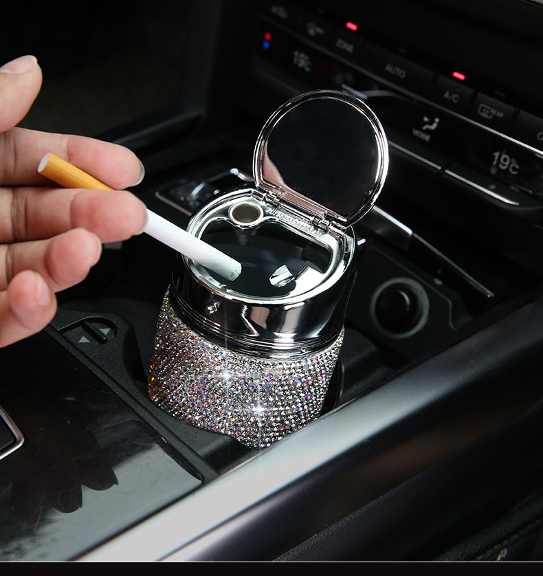 Portable Car Ashtray Crystal Bling Bling Car Ash Tray Storage Cup Holder for Girls Woman - White