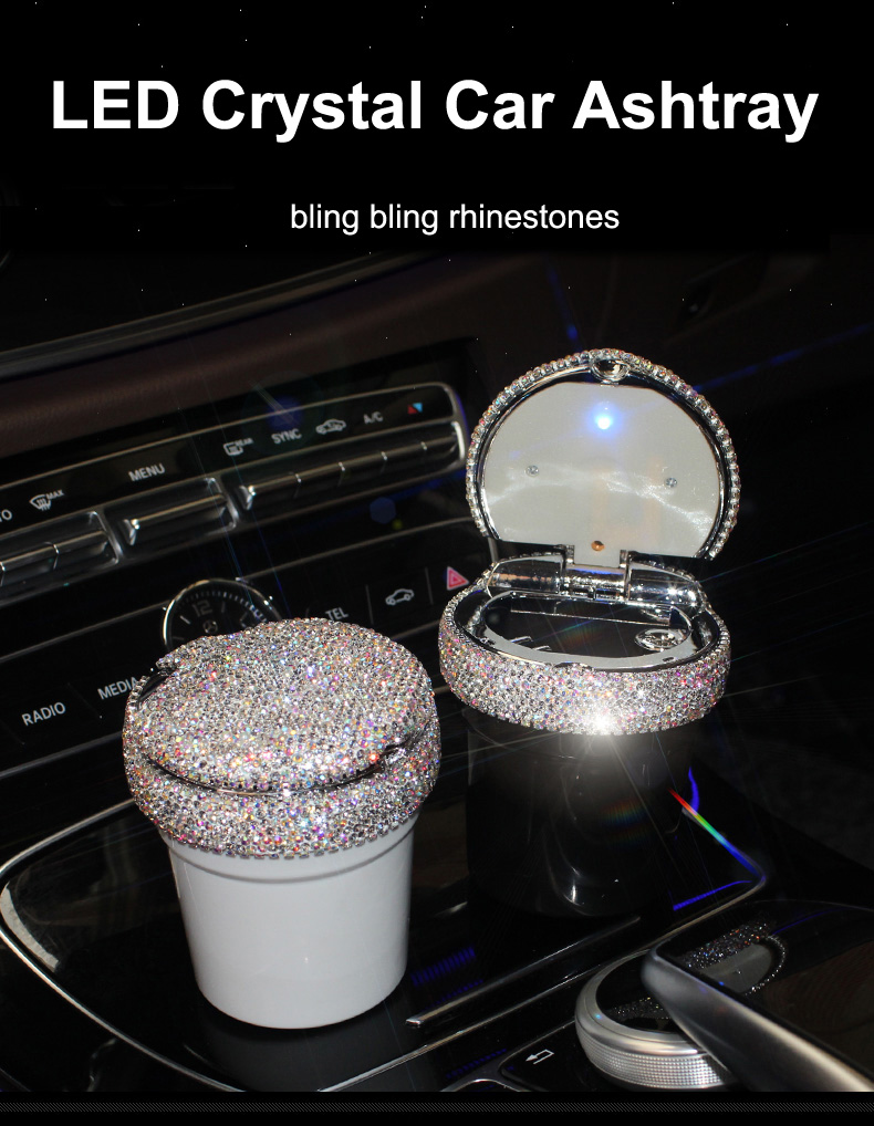 Portable Car Ashtray with Led Light Crystal Bling Bling Car Ash Tray Storage Cup Holder for Girls Woman - Black