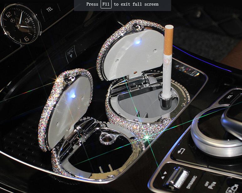 Portable Car Ashtray with Led Light Crystal Bling Bling Car Ash Tray Storage Cup Holder for Girls Woman - Black