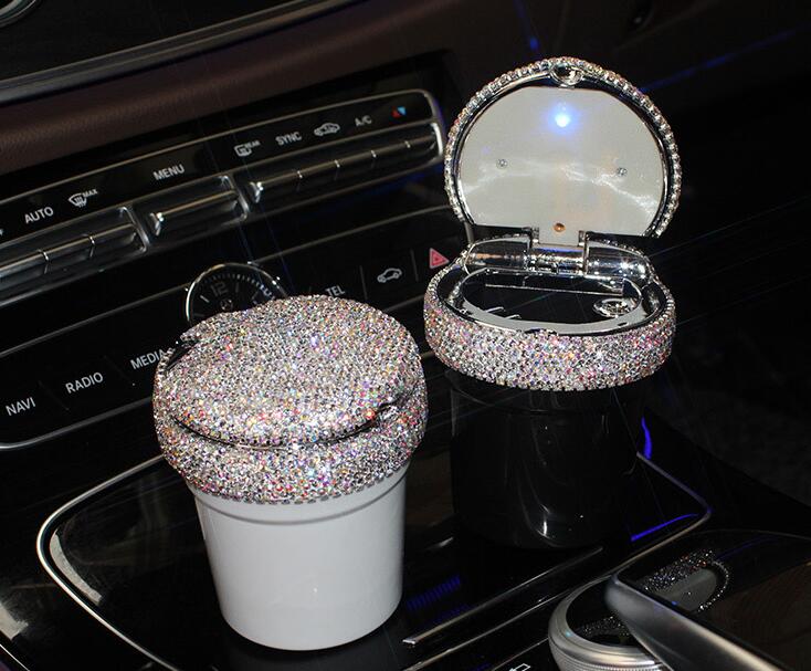 Portable Car Ashtray with Led Light Crystal Bling Bling Car Ash Tray Storage Cup Holder for Girls Woman - Black