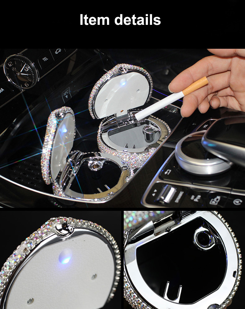 Portable Car Ashtray with Led Light Crystal Bling Bling Car Ash Tray Storage Cup Holder for Girls Woman - Silver