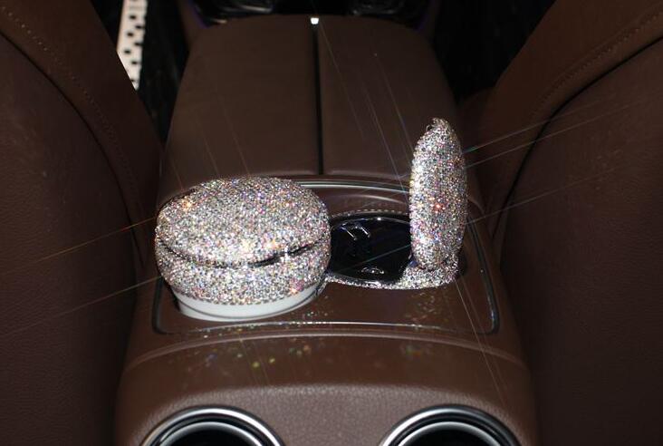 Portable Car Ashtray with Led Light Crystal Bling Bling Car Ash Tray Storage Cup Holder for Girls Woman - Silver