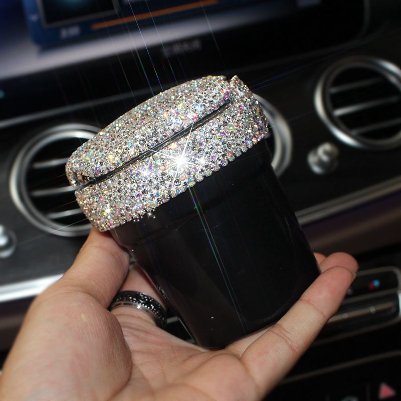 Portable Car Ashtray with Led Light Crystal Bling Bling Car Ash Tray Storage Cup Holder for Girls Woman - Black