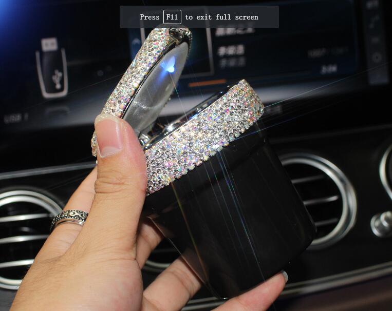 Portable Car Ashtray with Led Light Crystal Bling Bling Car Ash Tray Storage Cup Holder for Girls Woman - Black