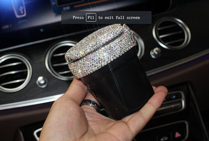 Portable Car Ashtray with Led Light Crystal Bling Bling Car Ash Tray Storage Cup Holder for Girls Woman - Black