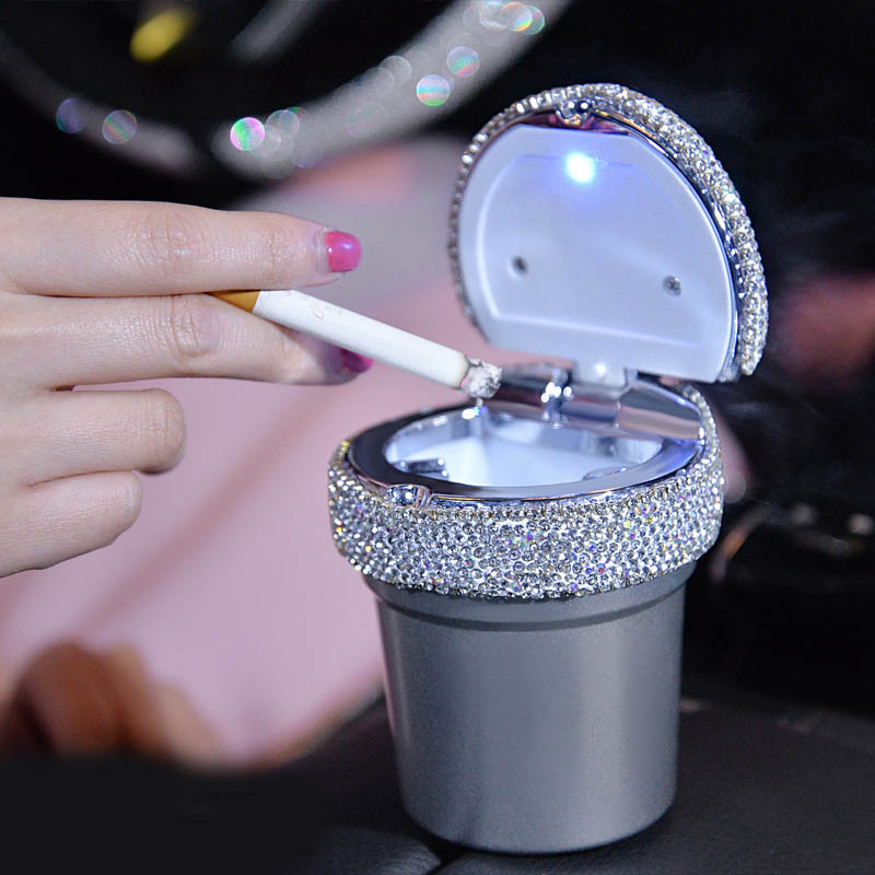 Portable Car Ashtray with Led Light Crystal Bling Bling Car Ash Tray Storage Cup Holder for Girls Woman - Silver