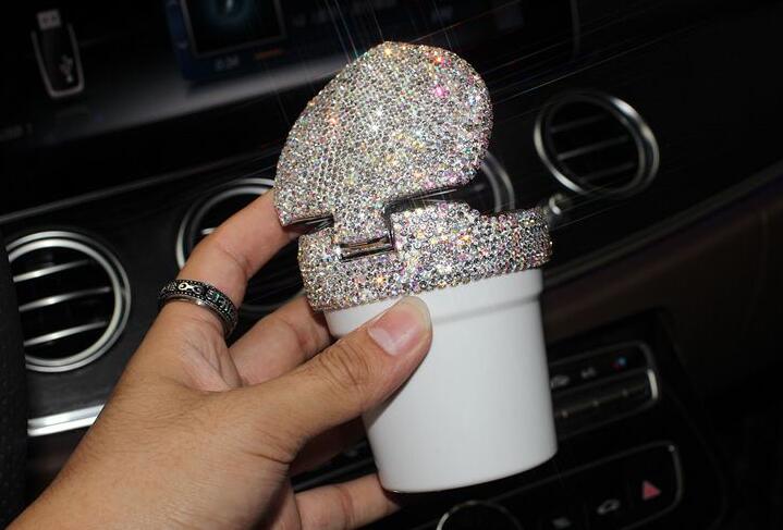 Portable Car Ashtray with Led Light Crystal Bling Bling Car Ash Tray Storage Cup Holder for Girls Woman - White