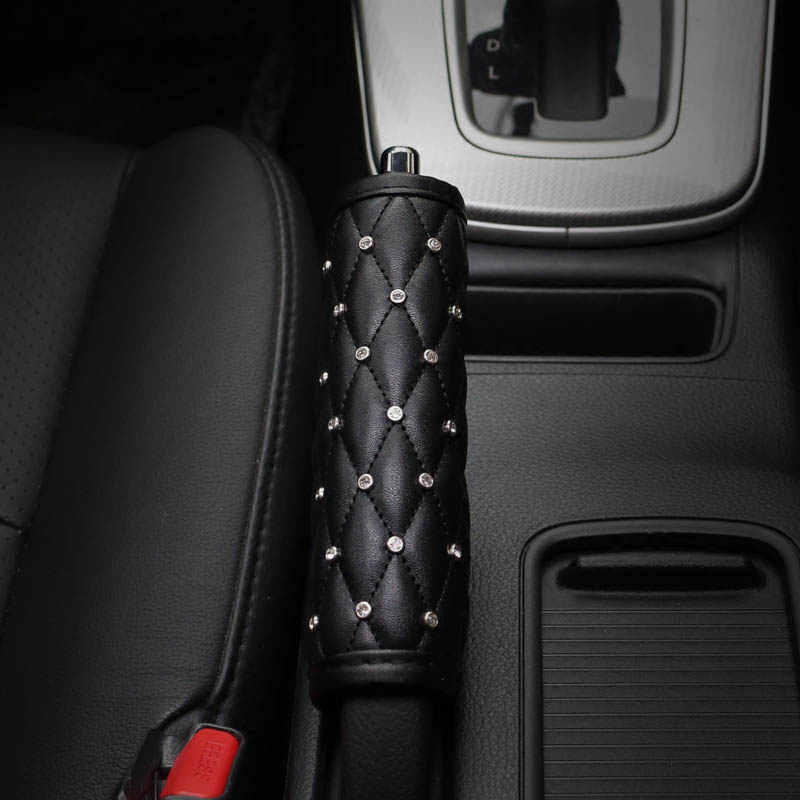 Pretty 1pcs Bling Car Handbrake Covers Leather Diamond Brake Case Auto Interior Decro - Black