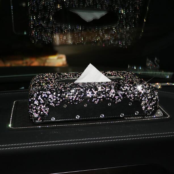 Pretty Bling Leather Auto Tissue Paper Box Holder Case Seat Back Nice Tissue Bag - Black