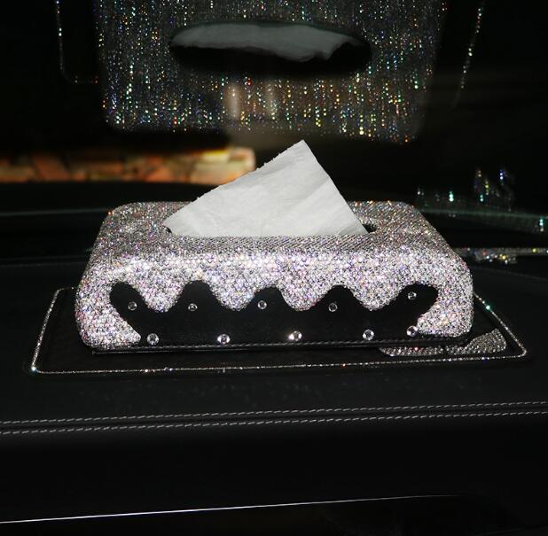 Pretty Bling Leather Auto Tissue Paper Box Holder Case Seat Back Nice Tissue Bag - White