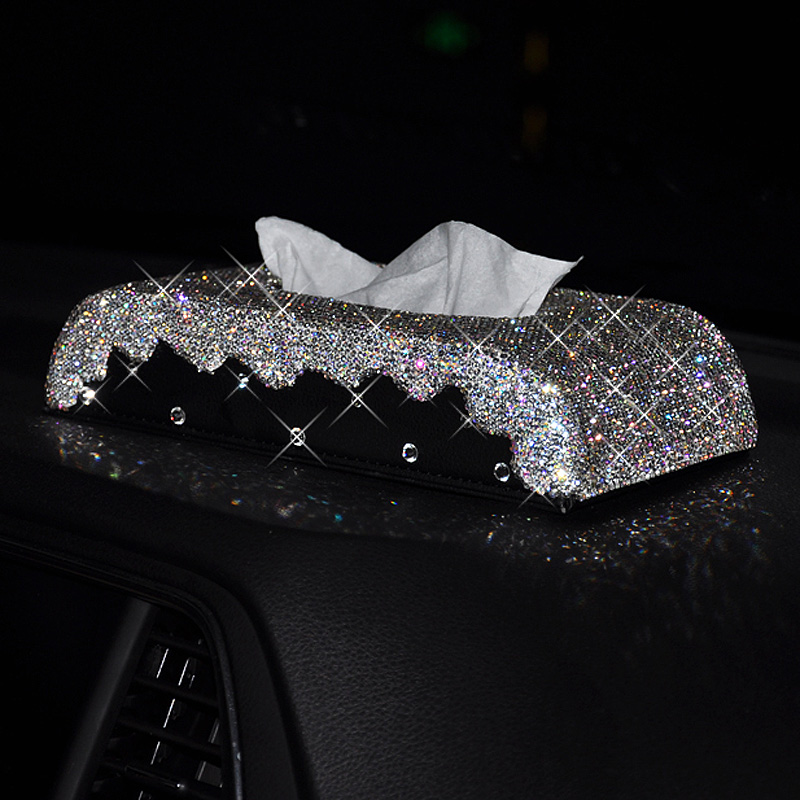 Pretty Bling Leather Auto Tissue Paper Box Holder Case Seat Back Nice Tissue Bag - White