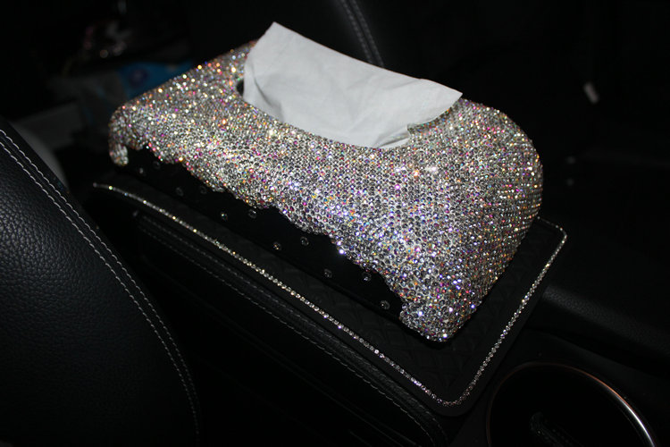 Pretty Bling Leather Auto Tissue Paper Box Holder Case Seat Back Nice Tissue Bag - White