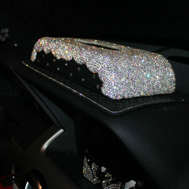 Pretty Bling Leather Auto Tissue Paper Box Holder Case Seat Back Nice Tissue Bag - White