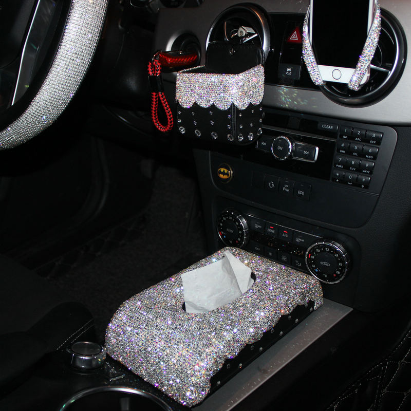 Pretty Bling Leather Auto Tissue Paper Box Holder Case Seat Back Nice Tissue Bag - White