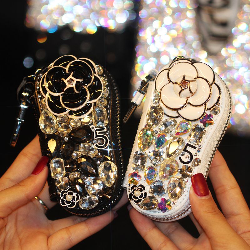 Pretty Cute Camellia Universal Bling Leather Auto Key Bags Key Chain - White