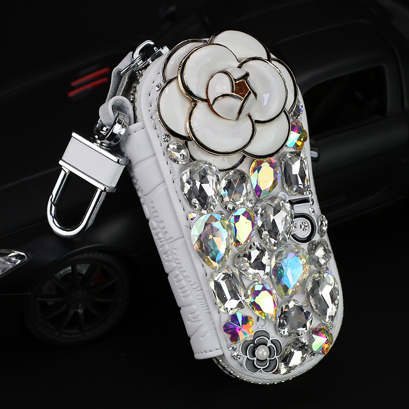 Pretty Cute Camellia Universal Bling Leather Auto Key Bags Key Chain - White