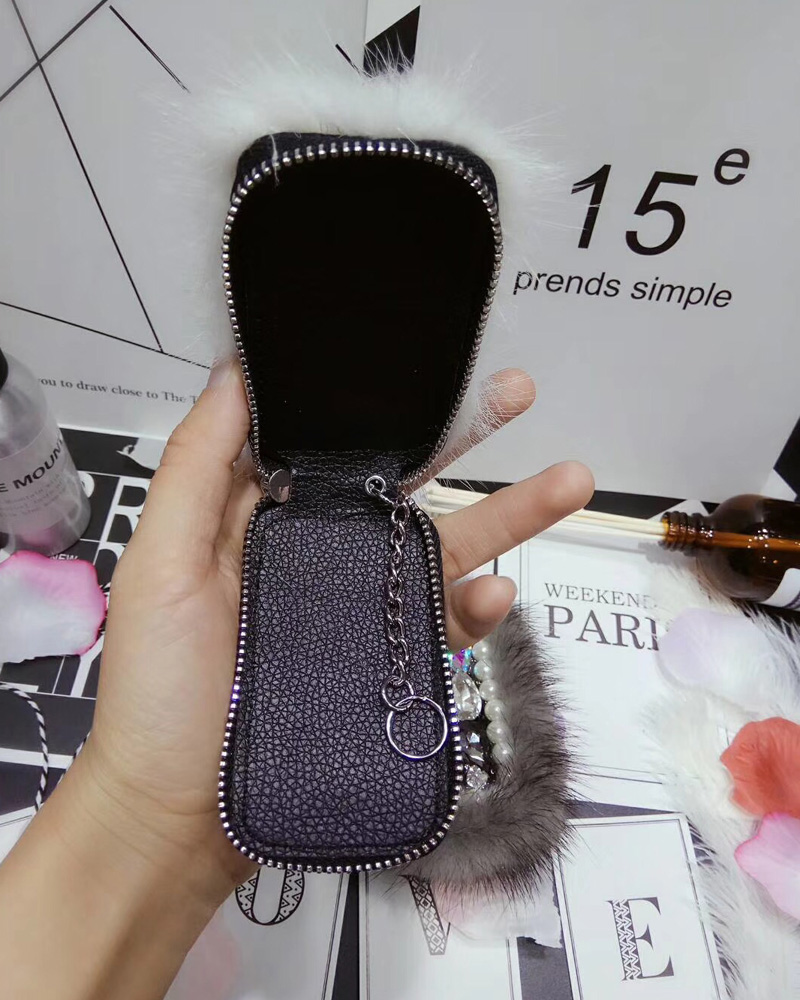 Pretty Cute Plush Universal Bling Leather Auto Key Bags Key Chain - Black