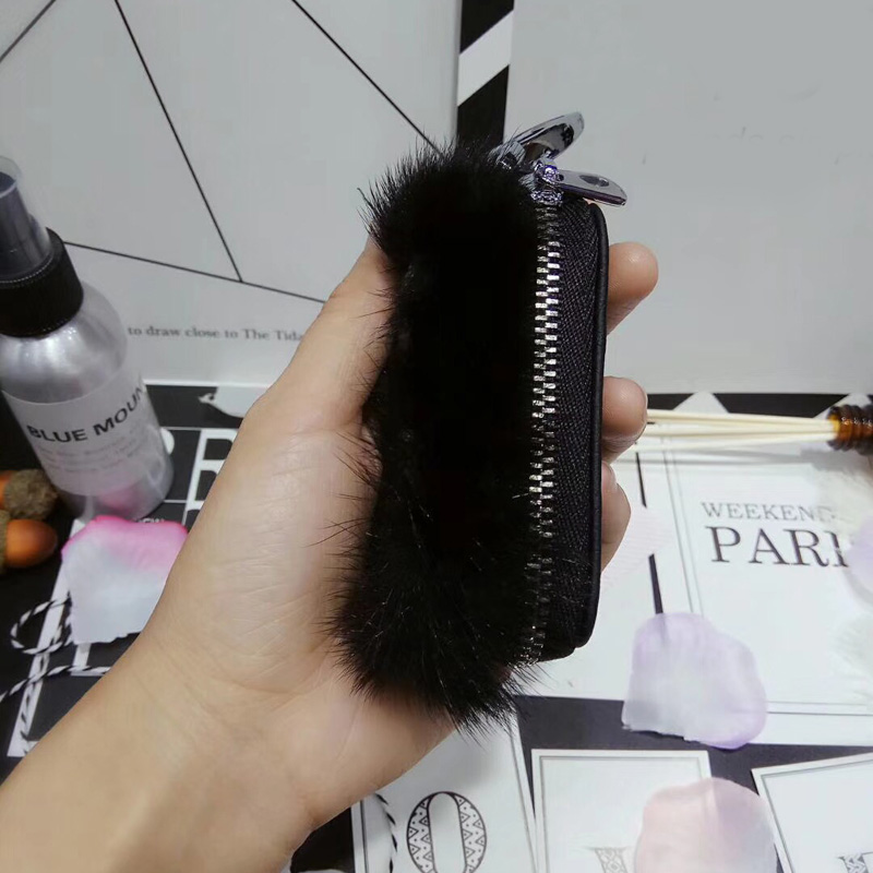 Pretty Cute Plush Universal Bling Leather Auto Key Bags Key Chain - Black