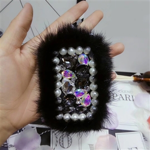 Pretty Cute Plush Universal Bling Leather Auto Key Bags Key Chain - Black
