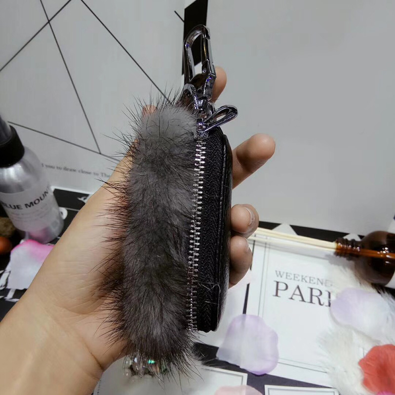 Pretty Cute Plush Universal Bling Leather Auto Key Bags Key Chain - Grey