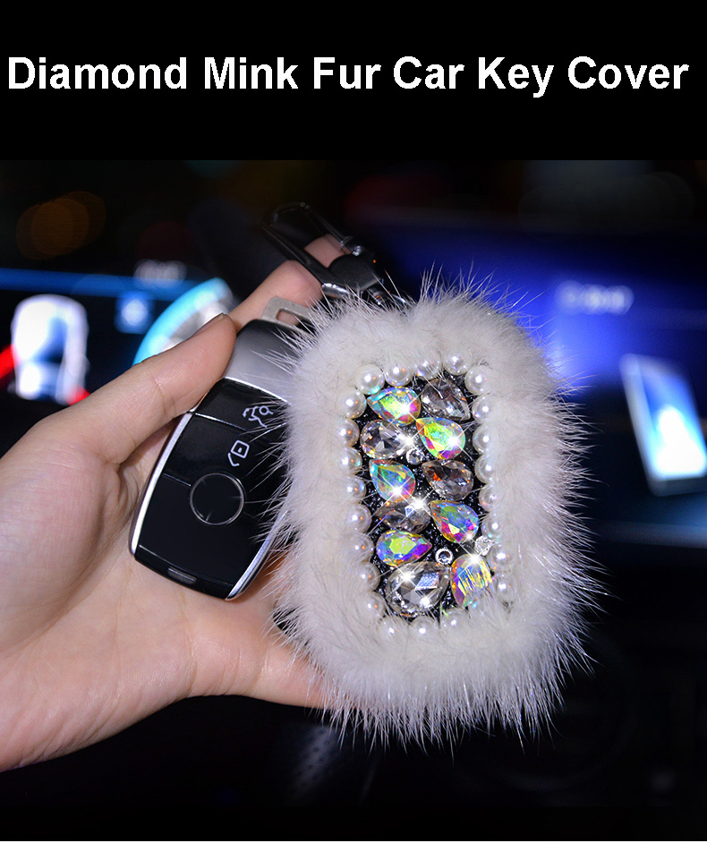 Pretty Cute Plush Universal Bling Leather Auto Key Bags Key Chain - White